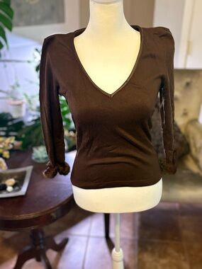 Brown V-Neck Women's Top with Faux Fur Cuffs
